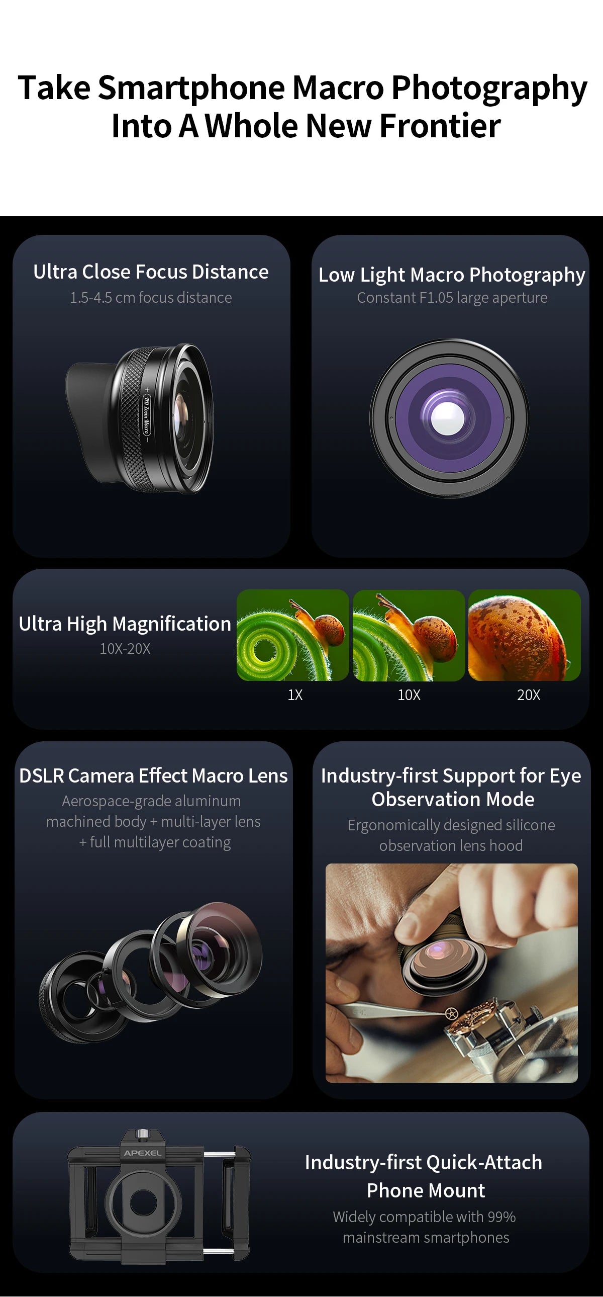 APEXEL 10-20X Zoom Macro Lens  HD Micro Phone Camera Lenses Support Eye Macro Photography for iPhone Samsung all Smartphones