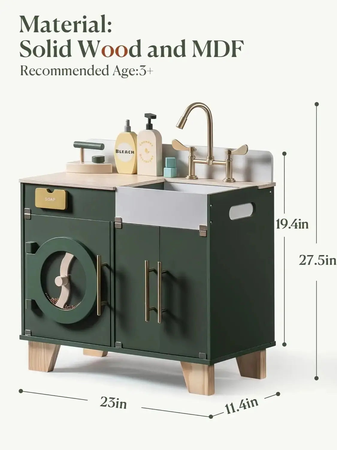 Robotime Wooden Toy Washing Machine Kitchen Set Vintage Green Washer and Dryer Kitchen Playset Pretend Play Kitchen for Kids