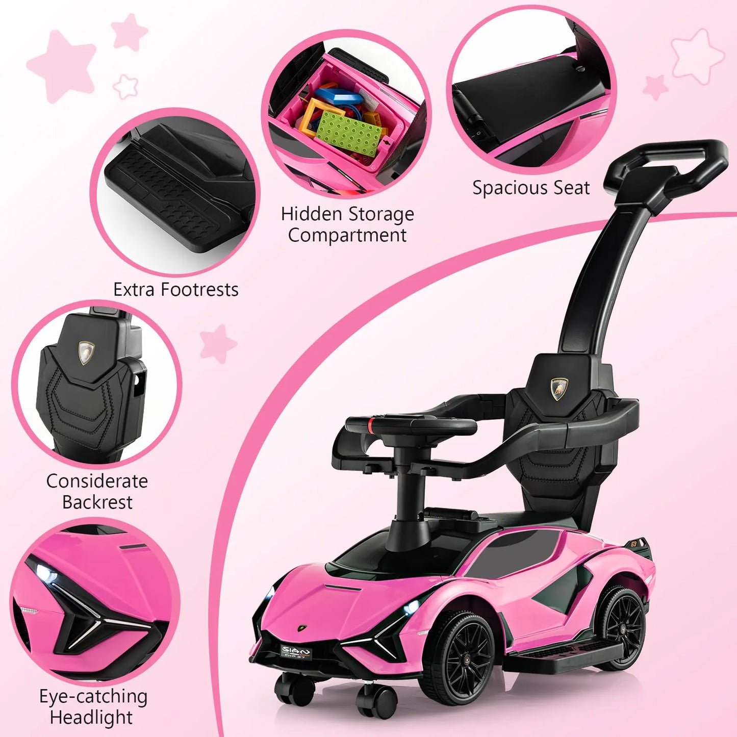 DORTALA 3-In-1 Toddlers Ride on Push Car Kids Licensed Lamborghini Walking Toy Car Black/Pink/White