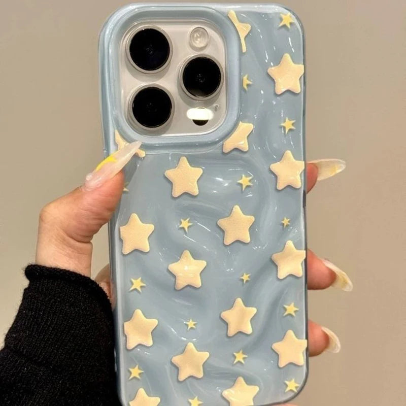 Couple Lovely Stars Case Compatible for IPhone 13 11 12 16 15 14 Pro Max 14 15 16 Plus Wave Ruffle Water Shockproof Soft Cover ﻿