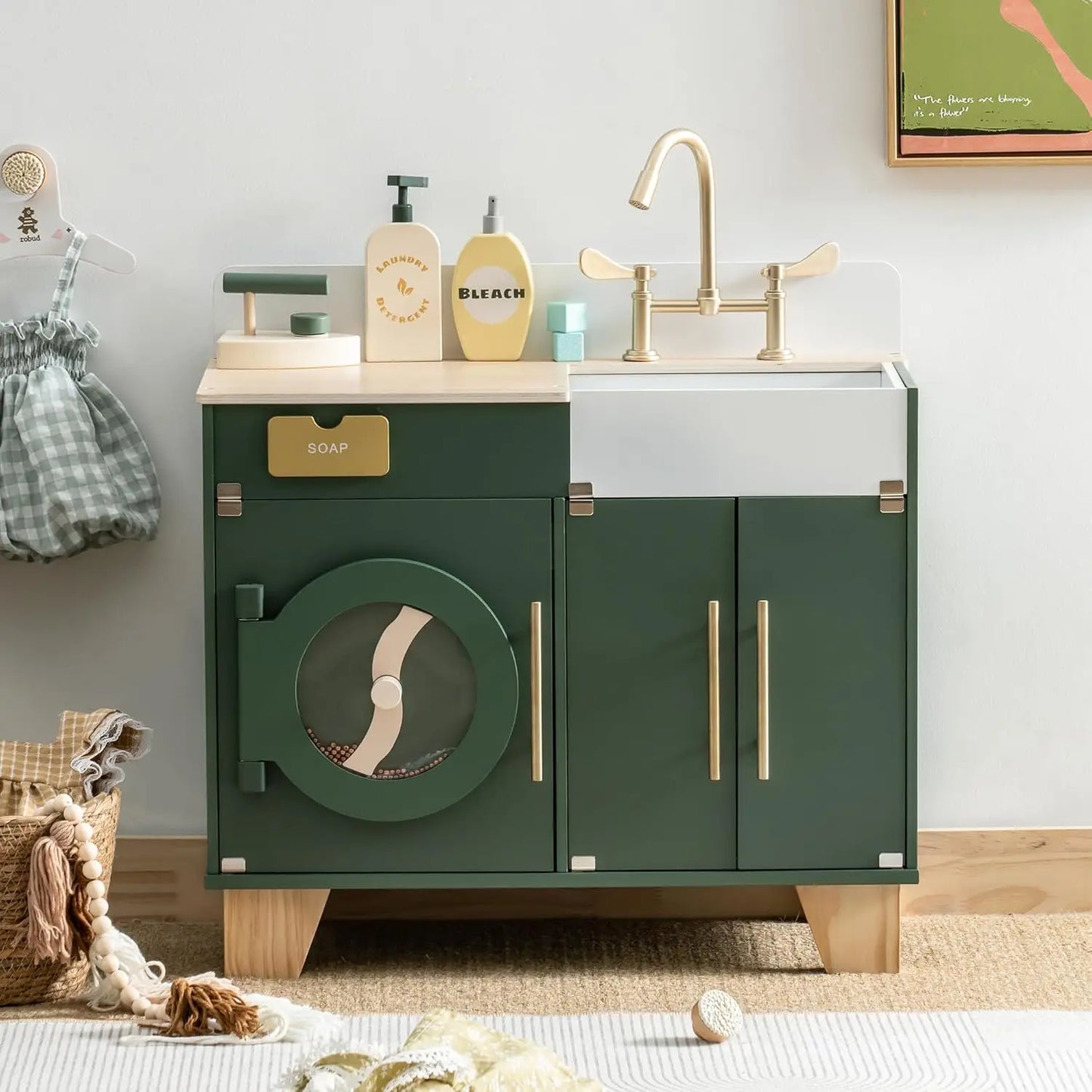 Robotime Wooden Toy Washing Machine Kitchen Set Vintage Green Washer and Dryer Kitchen Playset Pretend Play Kitchen for Kids