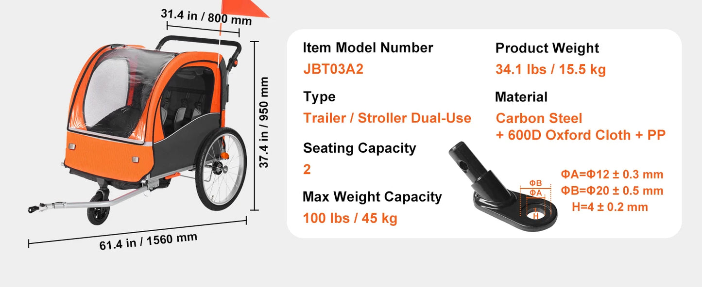 SucceBuy 88/100 lbs Child Bike Trailer Double Seat Carrier Converts to Stroller Foldable Children Bicycle Trailer for Toddlers