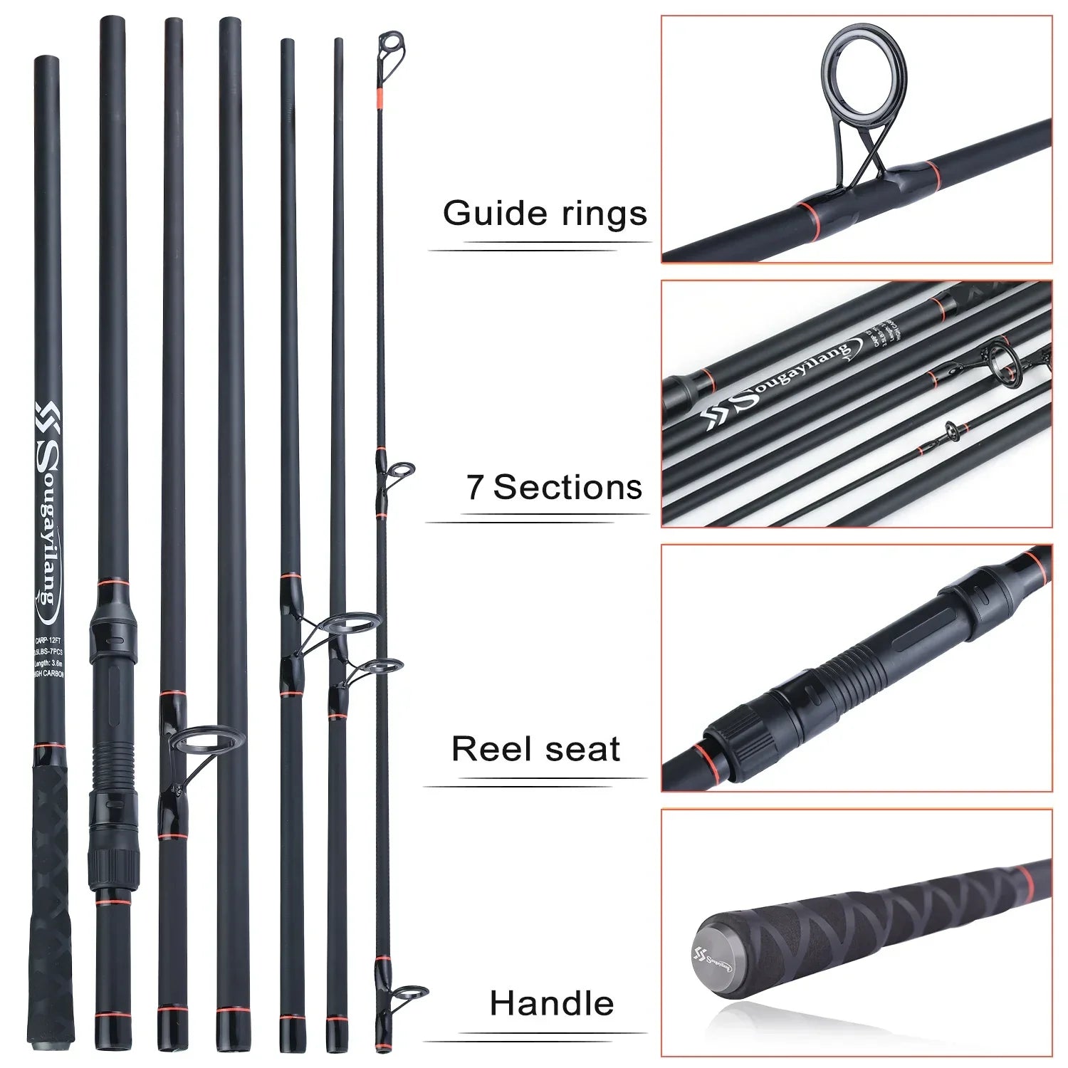 3.6M Portable Carbon Fiber Carp Spinning Rod Black-4