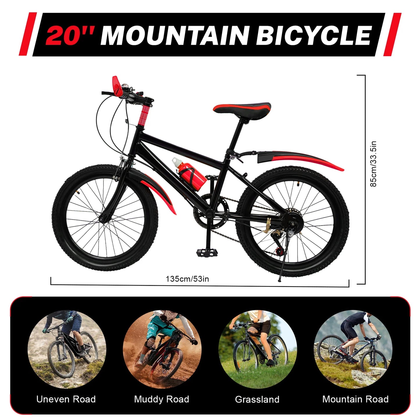 20 Inch Mountain Bike 7 Speed Gears, Adjustable Seat Kids' Bike with Mudguards Kettle Holder Kettle for Boys Girls 8-13 years