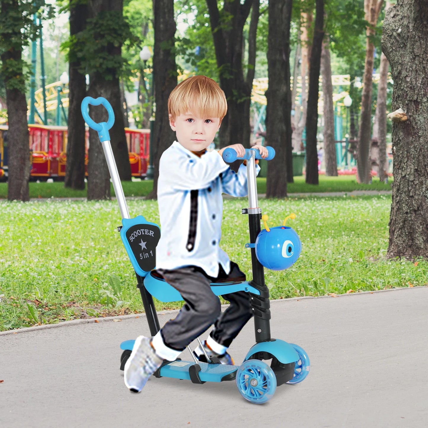 HOMCOM 5-in-1 Kids Kick Scooter 3-wheel Walker w/ Removable Seat Adjustable