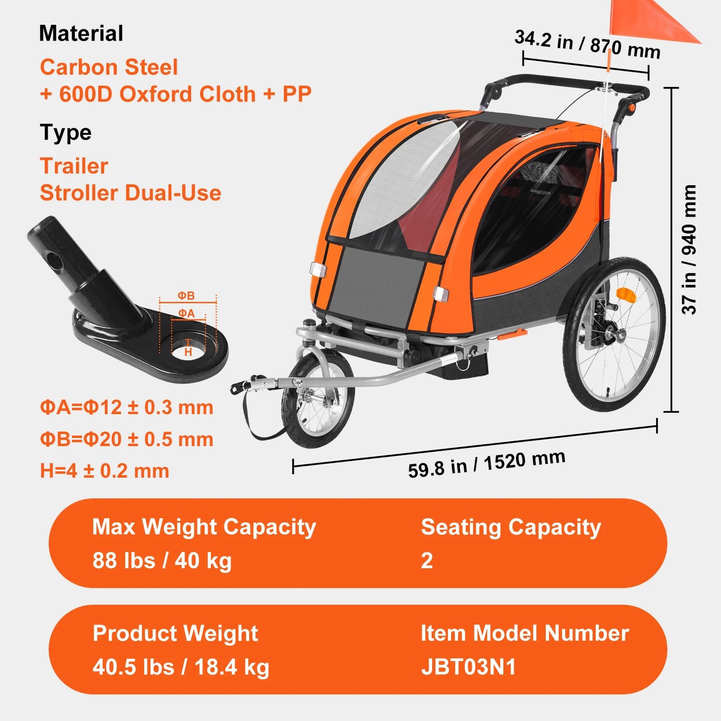 SucceBuy 88/100 lbs Child Bike Trailer Double Seat Carrier Converts to Stroller Foldable Children Bicycle Trailer for Toddlers