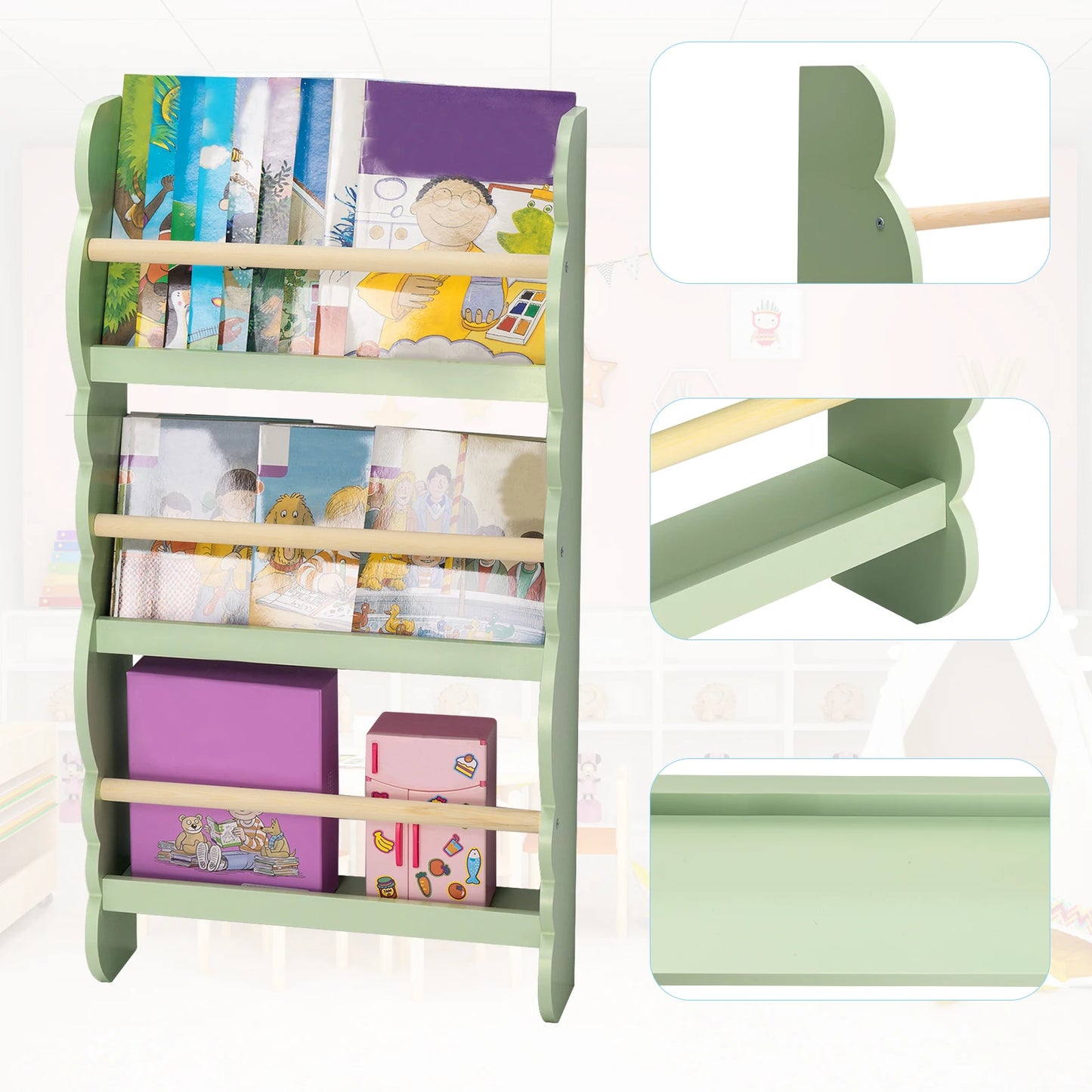 WOLTU Children's Bookshelf Kid's Bookcase Wall Shelf Book Organizer with 4 Shelves for Book Magazine Storage Kids Room Home