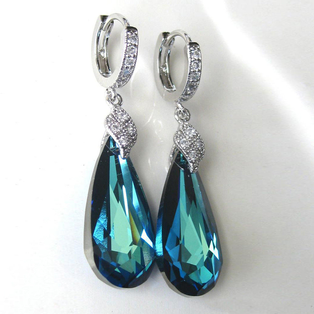 Retro Long Blue Green Zircon Earrings Water Drop