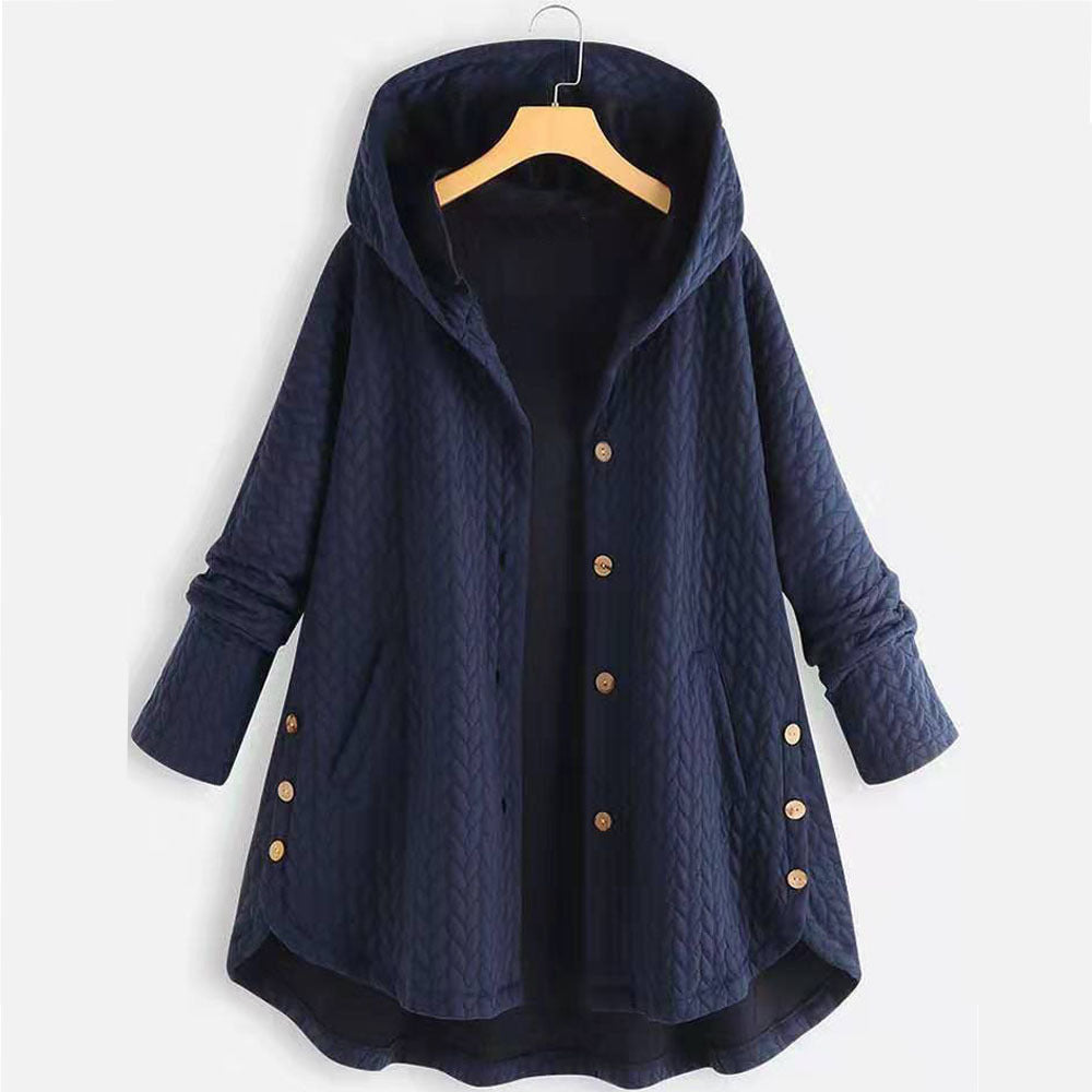 Fashion New Solid Color Hooded Single-breasted Women's Cotton Jacket Mid-length Irregular
