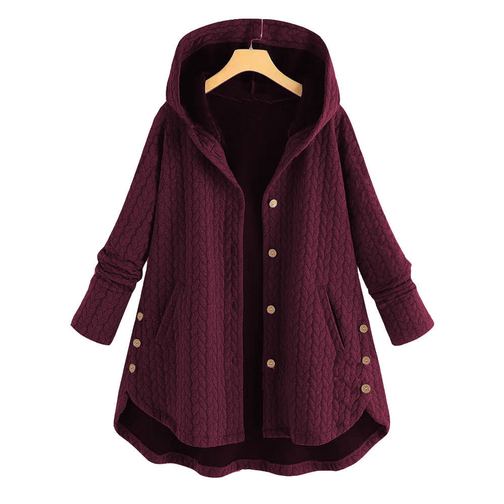 Fashion New Solid Color Hooded Single-breasted Women's Cotton Jacket Mid-length Irregular