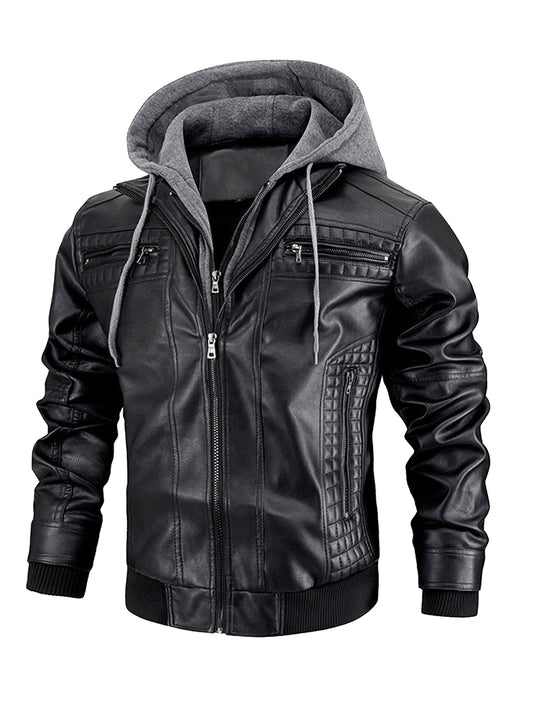 Men's Faux Leather Jacket Motorcycle Jacket Waterproof Windproof PU Moto Vintage Bomber Hoodie With Removable Hood