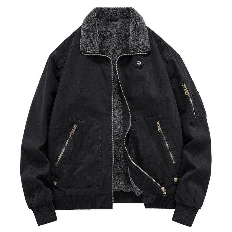 Men's Fleece-lined Washed Cotton Jacket Trendy Windproof
