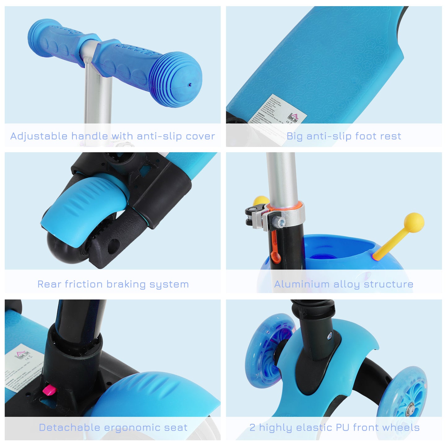 HOMCOM 5-in-1 Kids Kick Scooter 3-wheel Walker w/ Removable Seat Adjustable