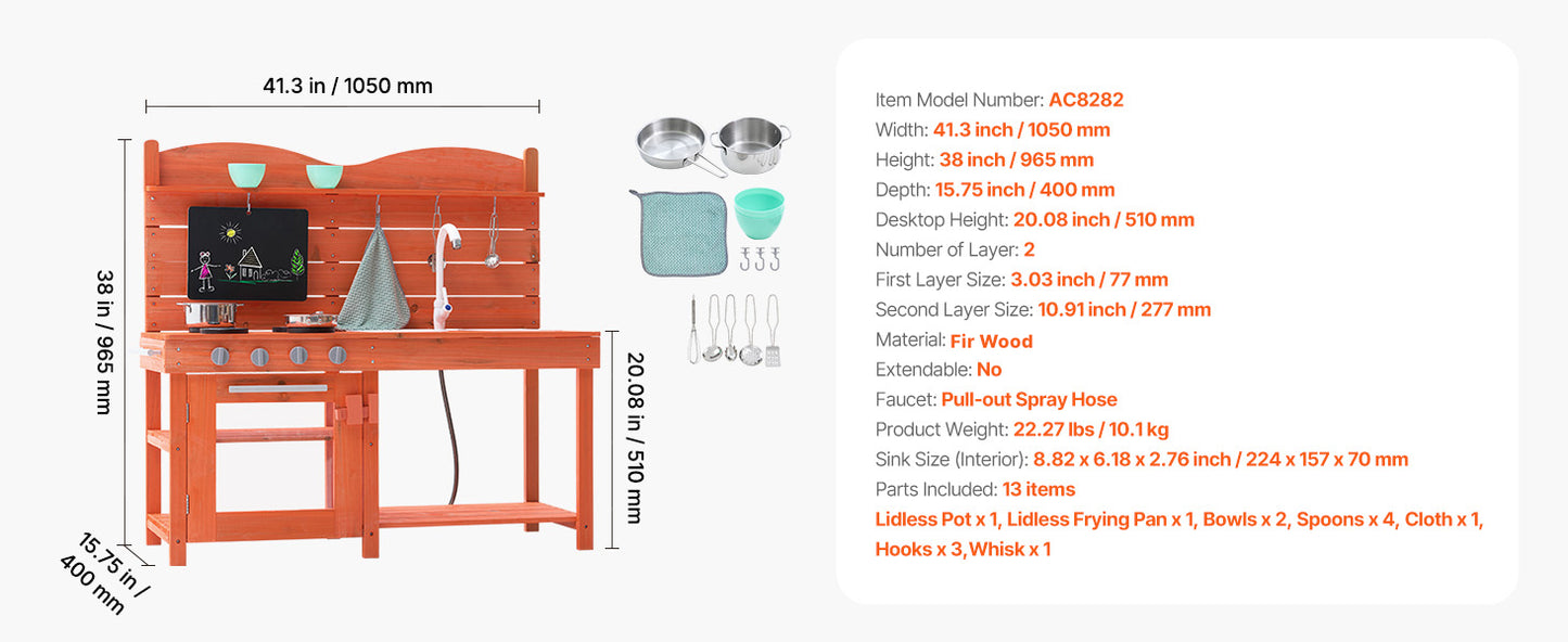 SucceBuy Wooden Mud Kitchen Playset with Stove Sink & Faucet Kids Pretend Play Kitchen Set for Children Girls Birthday Gifts