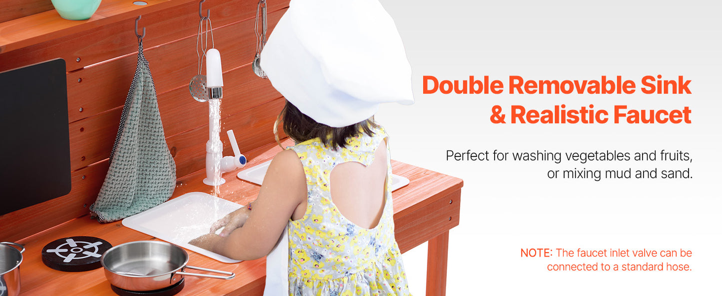 SucceBuy Wooden Mud Kitchen Playset with Stove Sink & Faucet Kids Pretend Play Kitchen Set for Children Girls Birthday Gifts