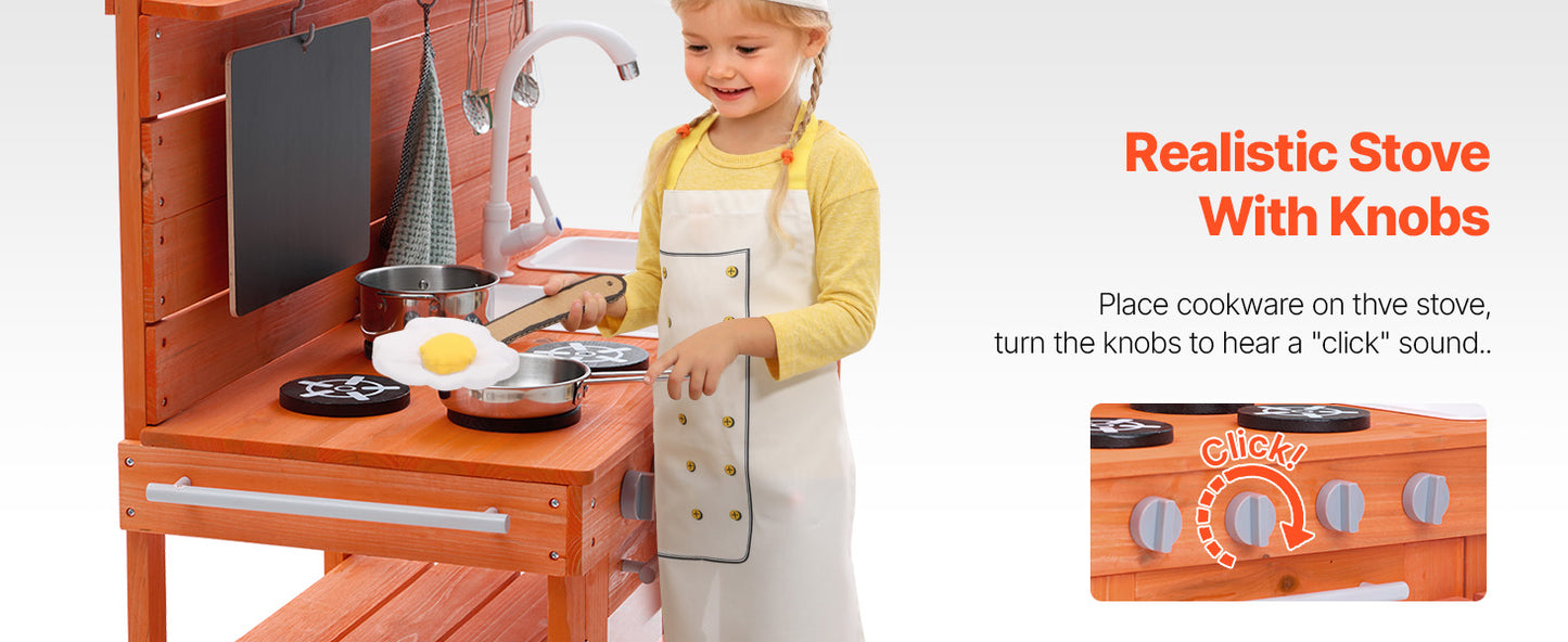 SucceBuy Wooden Mud Kitchen Playset with Stove Sink & Faucet Kids Pretend Play Kitchen Set for Children Girls Birthday Gifts