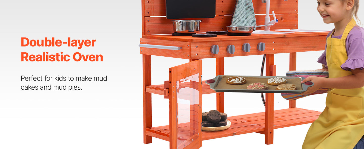 SucceBuy Wooden Mud Kitchen Playset with Stove Sink & Faucet Kids Pretend Play Kitchen Set for Children Girls Birthday Gifts