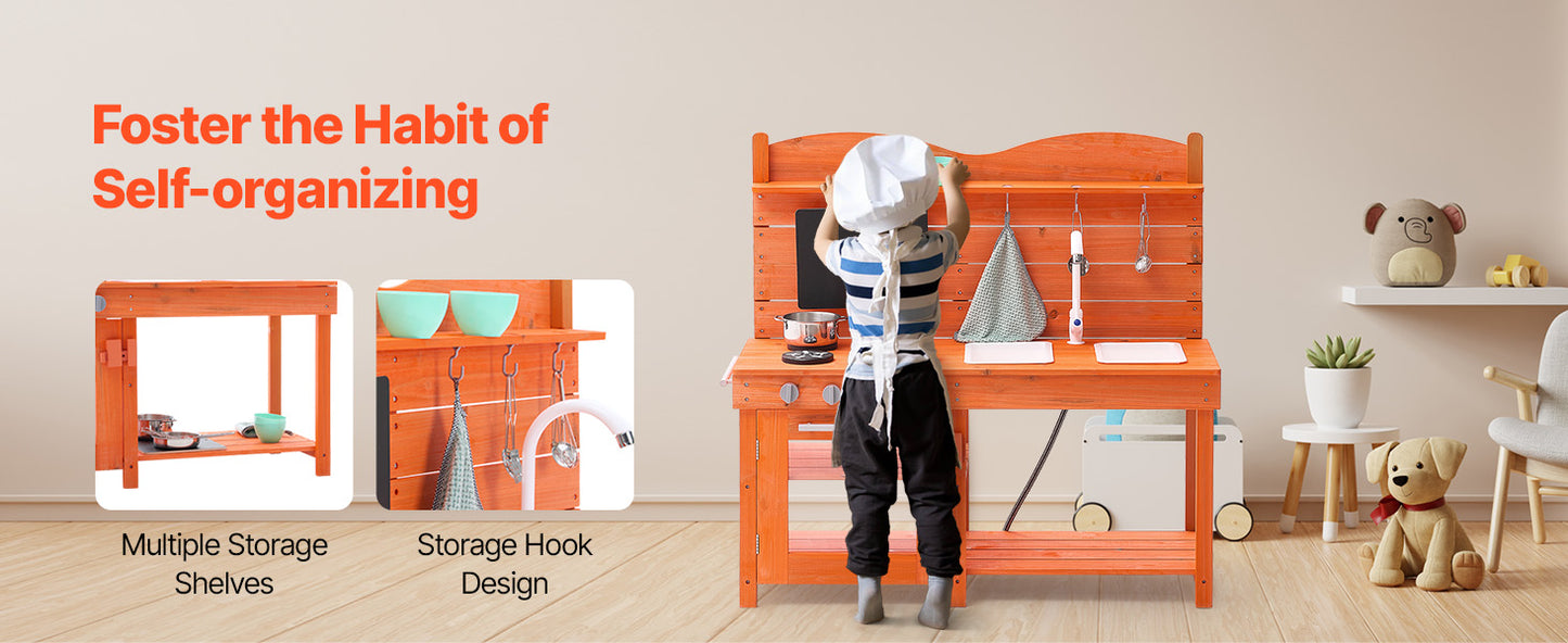 SucceBuy Wooden Mud Kitchen Playset with Stove Sink & Faucet Kids Pretend Play Kitchen Set for Children Girls Birthday Gifts