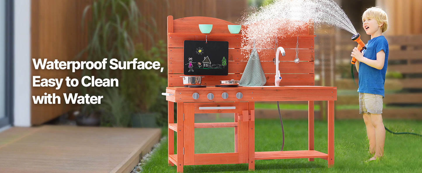 SucceBuy Wooden Mud Kitchen Playset with Stove Sink & Faucet Kids Pretend Play Kitchen Set for Children Girls Birthday Gifts