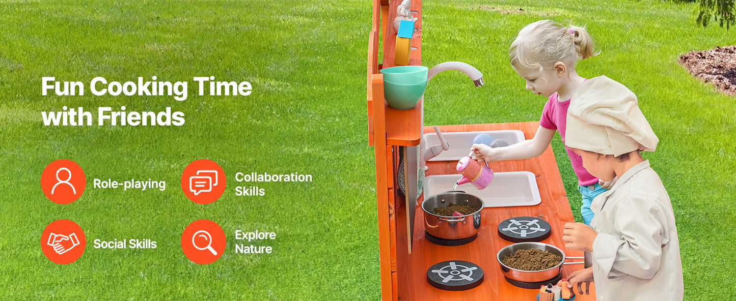 SucceBuy Wooden Mud Kitchen Playset with Stove Sink & Faucet Kids Pretend Play Kitchen Set for Children Girls Birthday Gifts