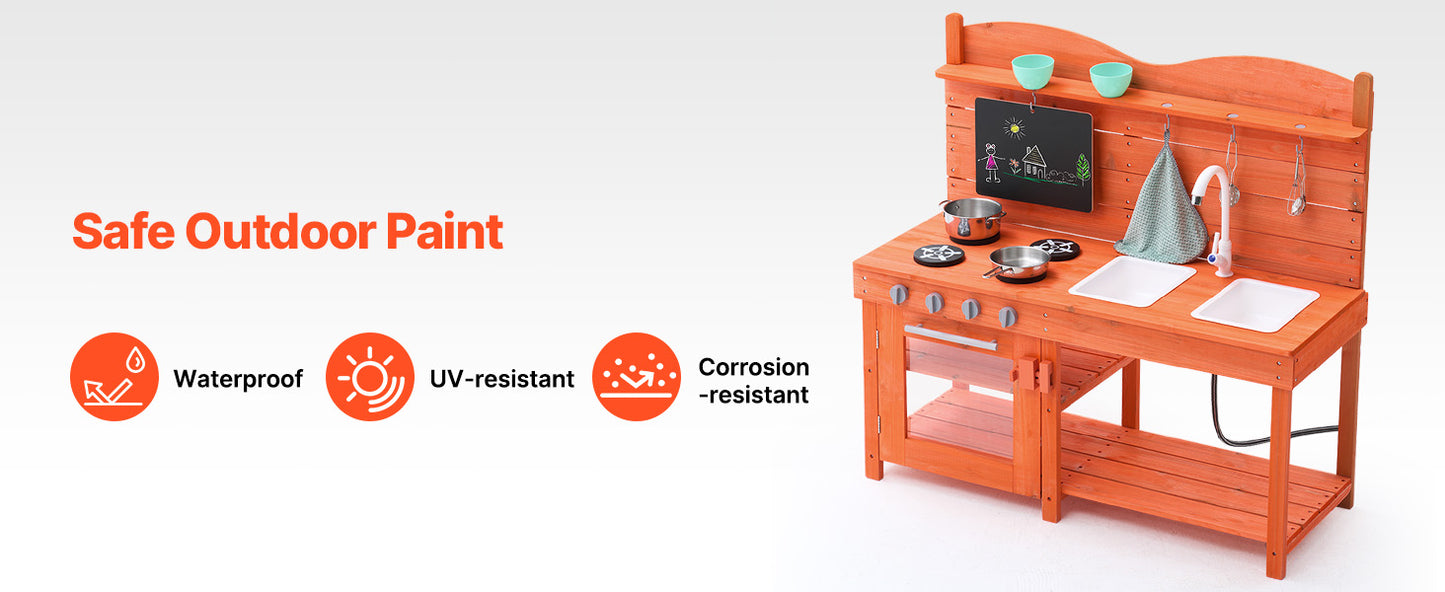 SucceBuy Wooden Mud Kitchen Playset with Stove Sink & Faucet Kids Pretend Play Kitchen Set for Children Girls Birthday Gifts