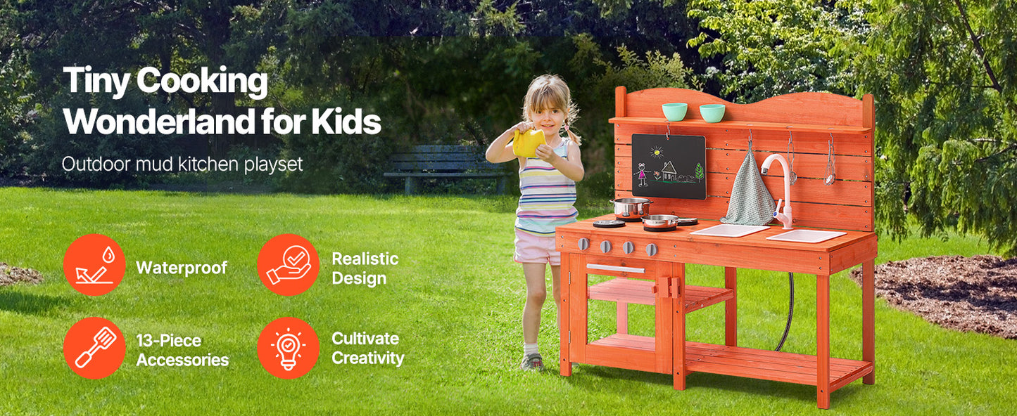 SucceBuy Wooden Mud Kitchen Playset with Stove Sink & Faucet Kids Pretend Play Kitchen Set for Children Girls Birthday Gifts